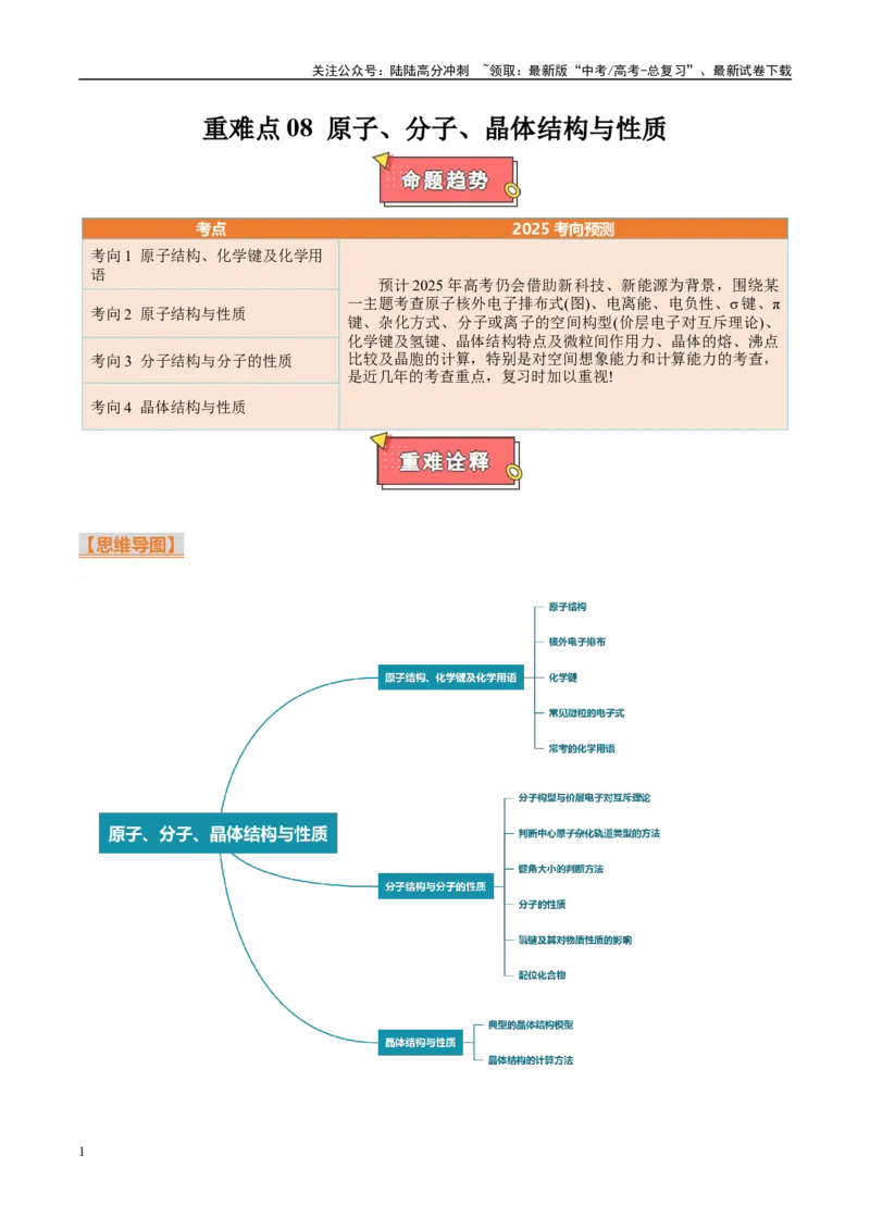 《重难点08原子、分子、晶体结构与性质（解析版）_05-化学-高考总复习_专项复习_2025年_2025年高考化学重难点讲义专练（西北四省专用）》第1页预览