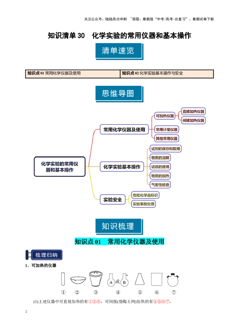 《知识清单30化学实验的常用仪器和基本操作（教师版）_05-化学-高考总复习_一轮复习_2025年_2025年高考化学一轮复习知识清单（全国通用）》第1页预览