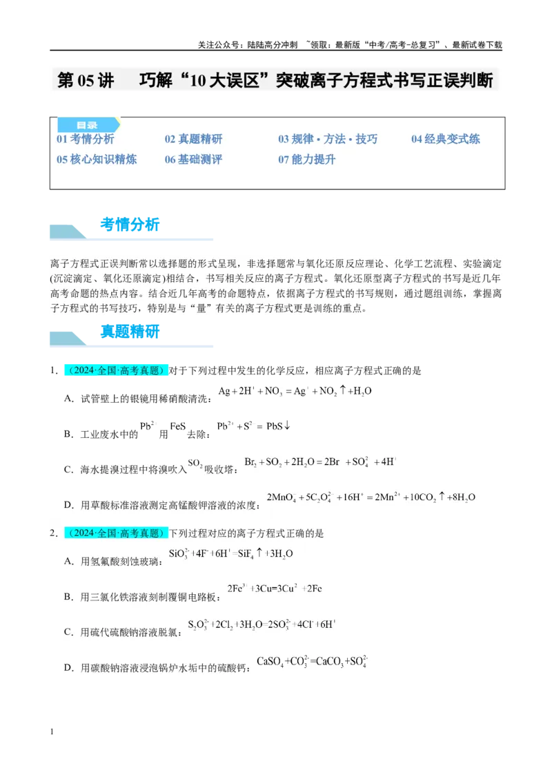 《（能力版）微专题05巧解“10大误区”突破离子方程式书写正误判断-（学生版）(全国版)_05-化学-高考总复习_一轮复习_2024年_2024高考化学一轮复习考点微专题考情分析经_资料_2025版》第1页预览