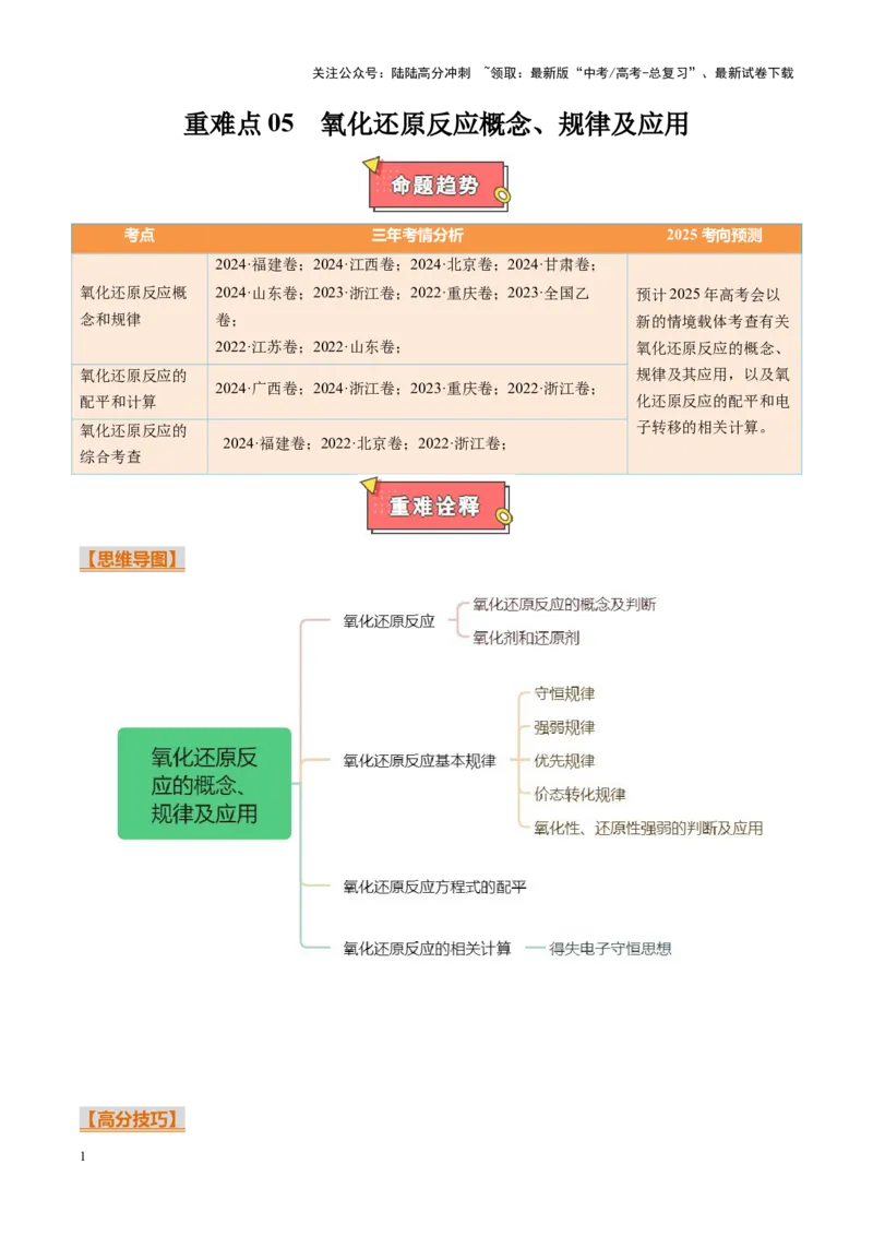 《重难点05氧化还原反应概念、规律及应用（解析版）_05-化学-高考总复习_专项复习_2025年_2025年高考化学重难点讲义专练（黑吉辽蒙专用）》第1页预览