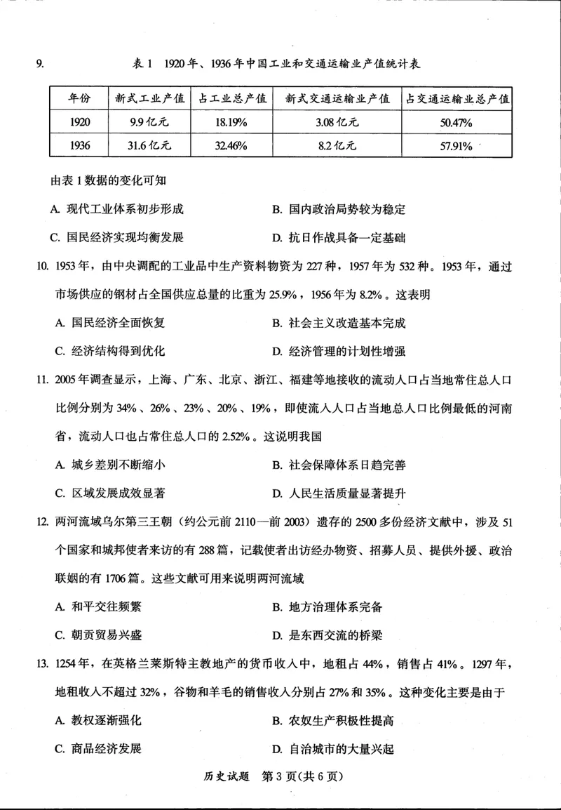 《历史试卷(A4版）（全）_2024-2027高三（6-6月题库）_2025年01月试卷_0120福建省部分（六市）地市2025届高中毕业班第一次质量检测（六市一模）（全科）》第3页预览