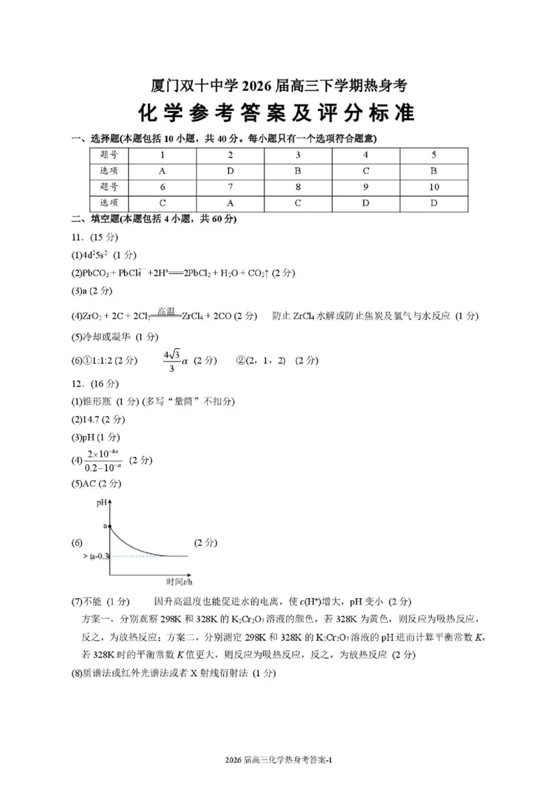 《化学试题卷答案_2024-2027高三（6-6月题库）_2026年06月高三试卷_260602福建厦门双十中学2026届高中毕业班高三年级适应性练习暨热身考》第1页预览