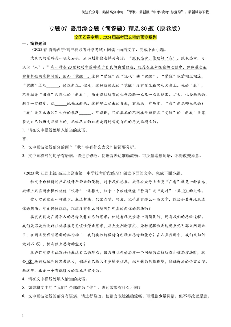《专题07语用综合题（简答题）精选30题（全国乙卷）-（原卷版）_一轮复习_2025年_2025年新高考语文一轮复习题型专练习题试卷强化训练题_全国乙卷地区》第1页预览