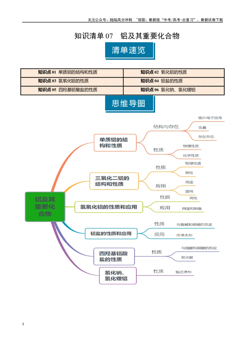 《知识清单07铝及其重要化合物（教师版）_05-化学-高考总复习_一轮复习_2025年_2025年高考化学一轮复习知识清单（全国通用）》第1页预览