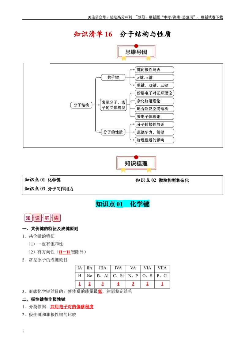 《知识清单16分子结构与性质-2024年高考化学一轮复习知识清单_05-化学-高考总复习_一轮复习_2024年_2024年高考化学一轮复习知识清单必背总结全国通用_资料》第1页预览