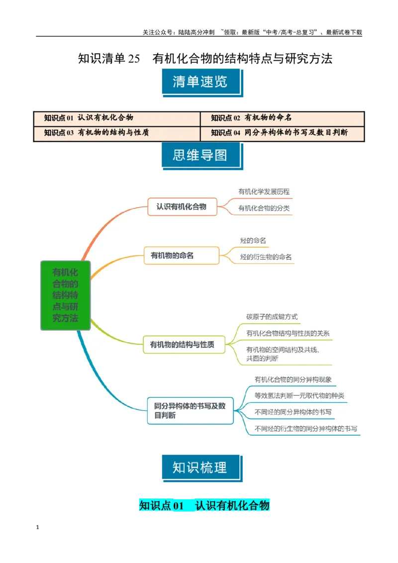 《知识清单25有机化合物的结构特点与研究方法（教师版）_05-化学-高考总复习_一轮复习_2025年_2025年高考化学一轮复习知识清单（全国通用）》第1页预览