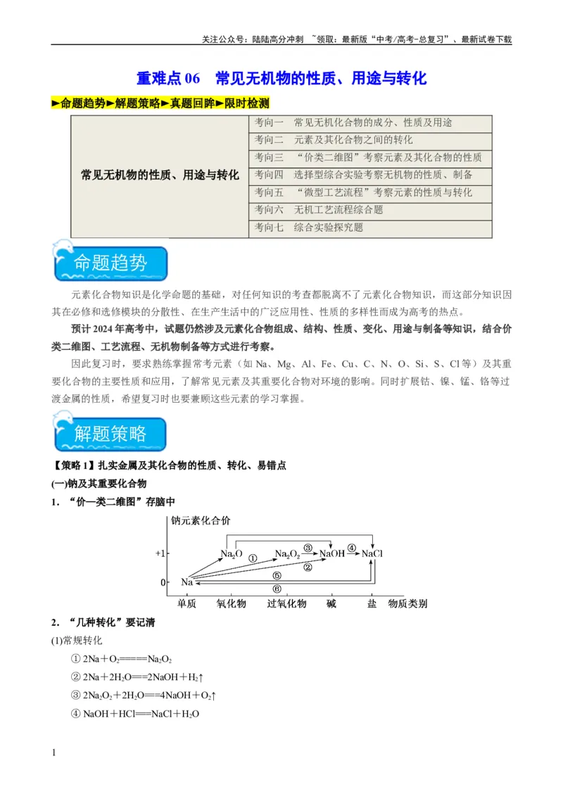 《重难点06常见无机物的性质、用途与转化-（学生版）_05-化学-高考总复习_专项复习_2024年_2024年高考化学热点·重点·难点专练（新高考专用）》第1页预览