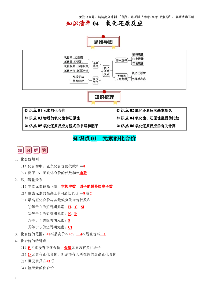 《知识清单04氧化还原反应-2024年高考化学一轮复习知识清单_05-化学-高考总复习_一轮复习_2024年_2024年高考化学一轮复习知识清单必背总结全国通用_资料》第1页预览