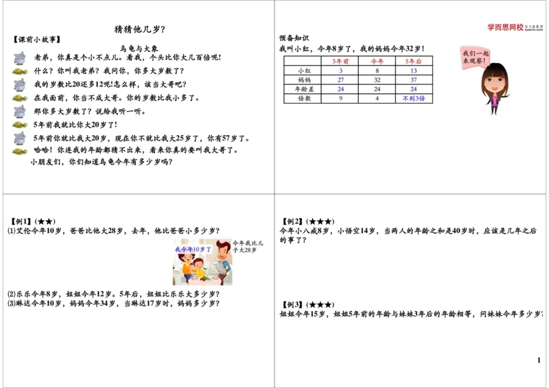 《猜猜他几岁_小学1-6年级全科全套_2024更新专题_小学奥数专题资料_7、精品课程合集_学而思小学1-6年级奥数竞赛班视频课程285讲_二年级奥数（竞赛班）45讲_第40讲：猜猜他几岁》第1页预览
