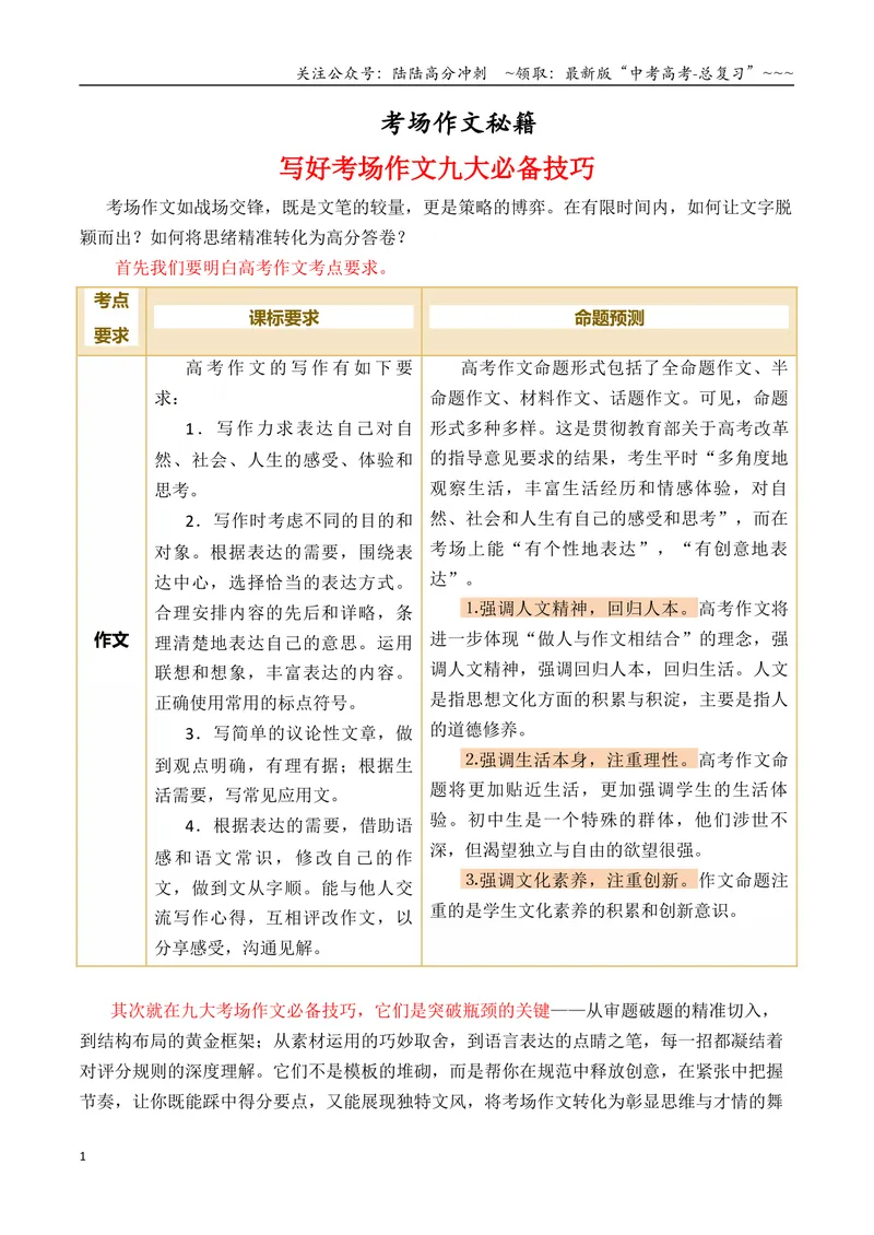 《专题1.1写好考场作文必备九大技巧_专项复习_2026年-语文专项复习_2026年高考语文议论文写作秘籍-G391_资料》第1页预览