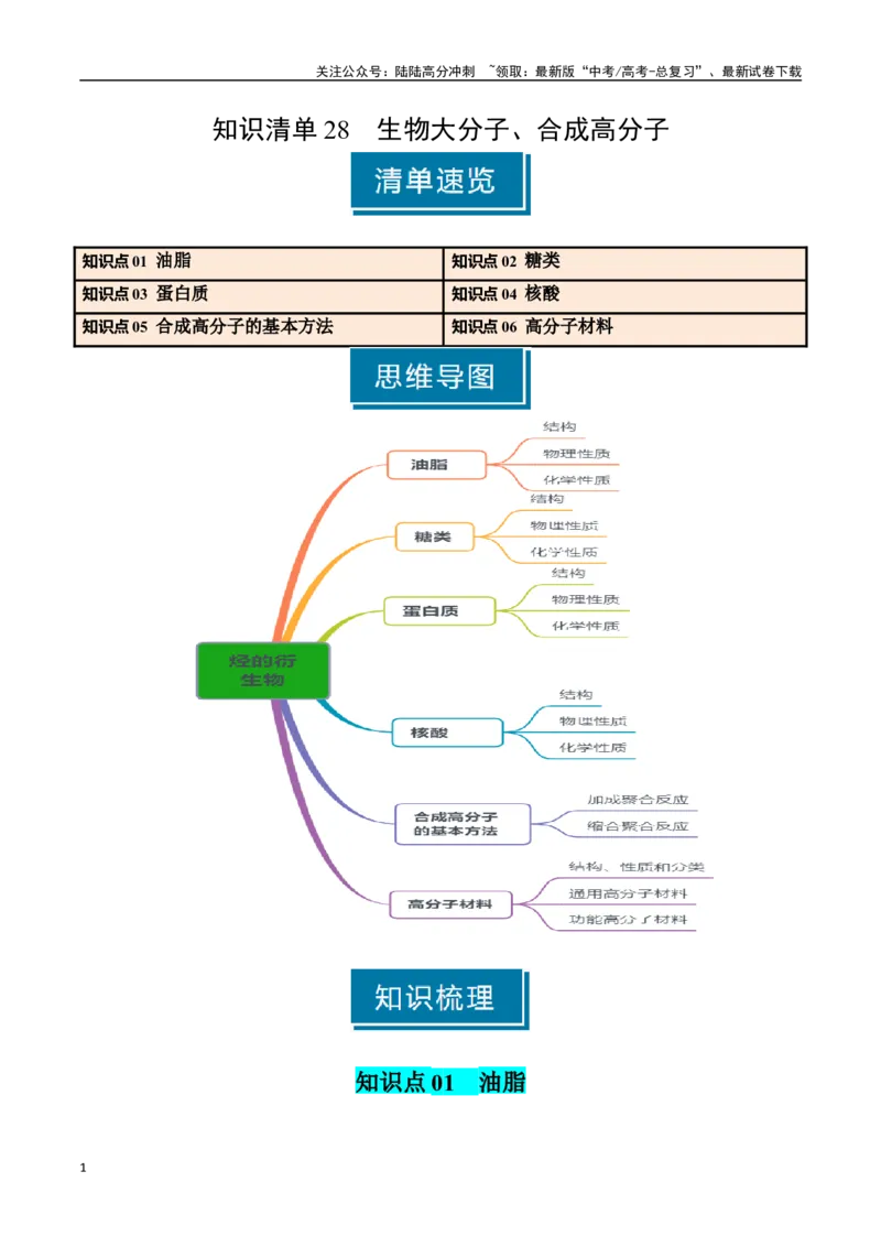 《知识清单28生物大分子、合成高分子（学生版）_05-化学-高考总复习_一轮复习_2025年_2025年高考化学一轮复习知识清单（全国通用）》第1页预览