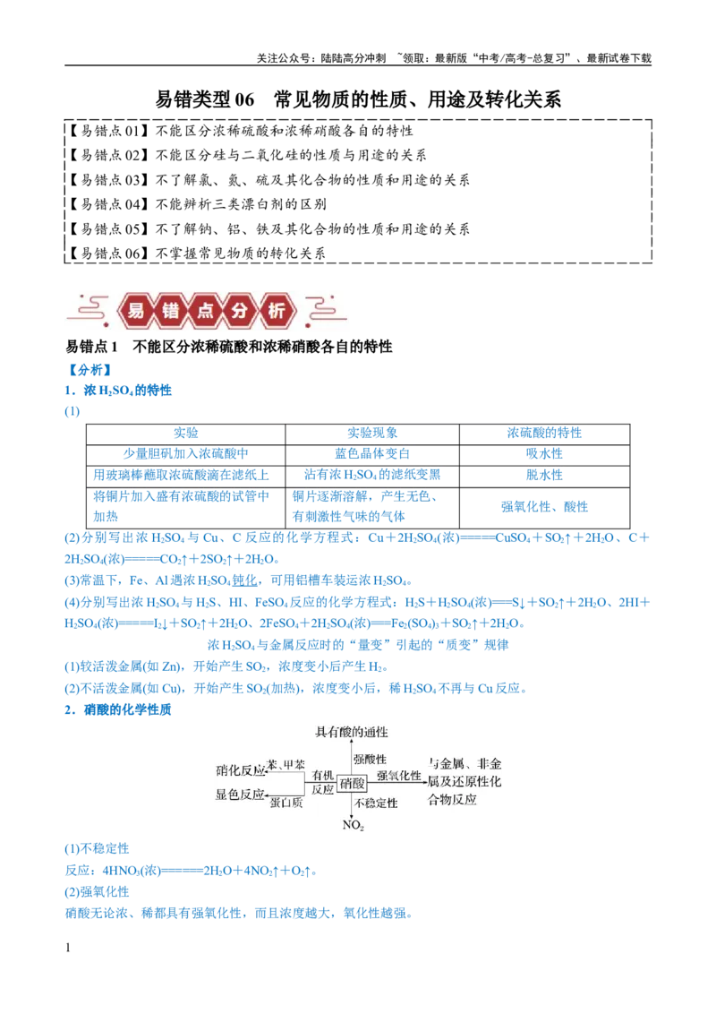 《易错类型06常见物质的性质、用途及转化关系（6大易错点）（解析版）_05-化学-高考总复习_专项复习_2024年_2024年高考化学考试易错题（全国通用）_教师版（含答案解析）》第1页预览