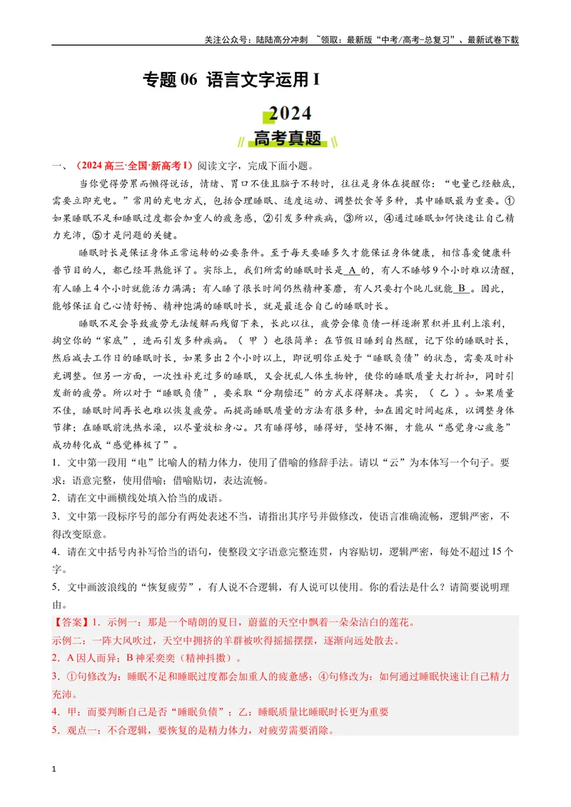 《专题06语言文字运用I（解析版）_专项复习_2024年_2024年高考真题和模拟题分项汇编语文分类汇编（全国通用）》第1页预览
