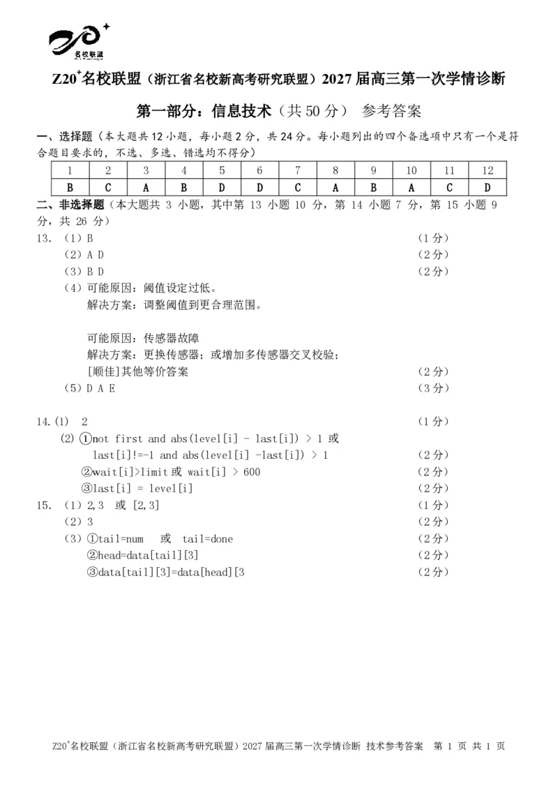 《技术答案_小初高学习资料合集（每天更新）_浙江省Z20+名校新高考研究联盟2027届高三第一次学情诊断_技术试题（含答案）2027届浙江Z20名校联盟高三第一次联考》第1页预览