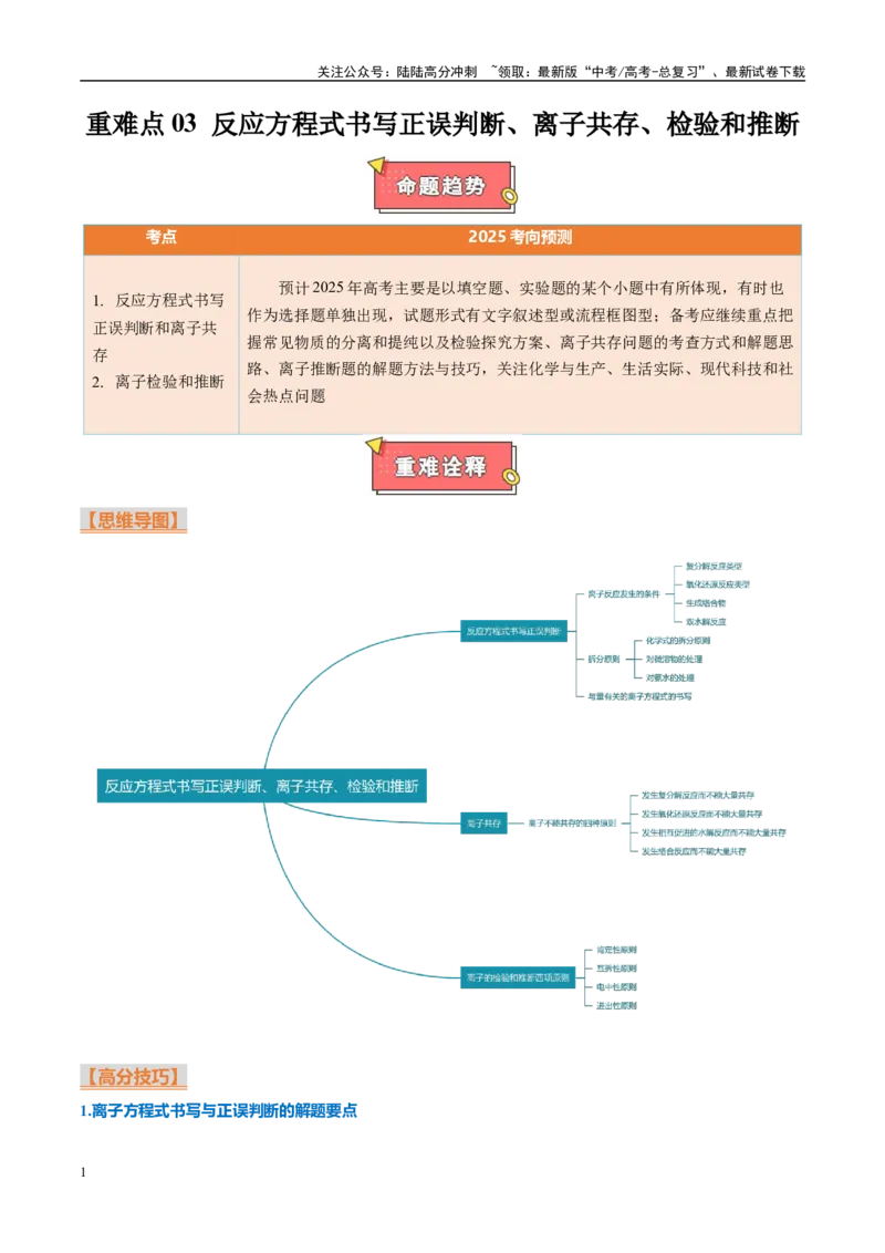 《重难点03反应方程式书写正误判断、离子共存、检验和推断（原卷版）_05-化学-高考总复习_专项复习_2025年_2025年高考化学重难点讲义专练（西北四省专用）》第1页预览