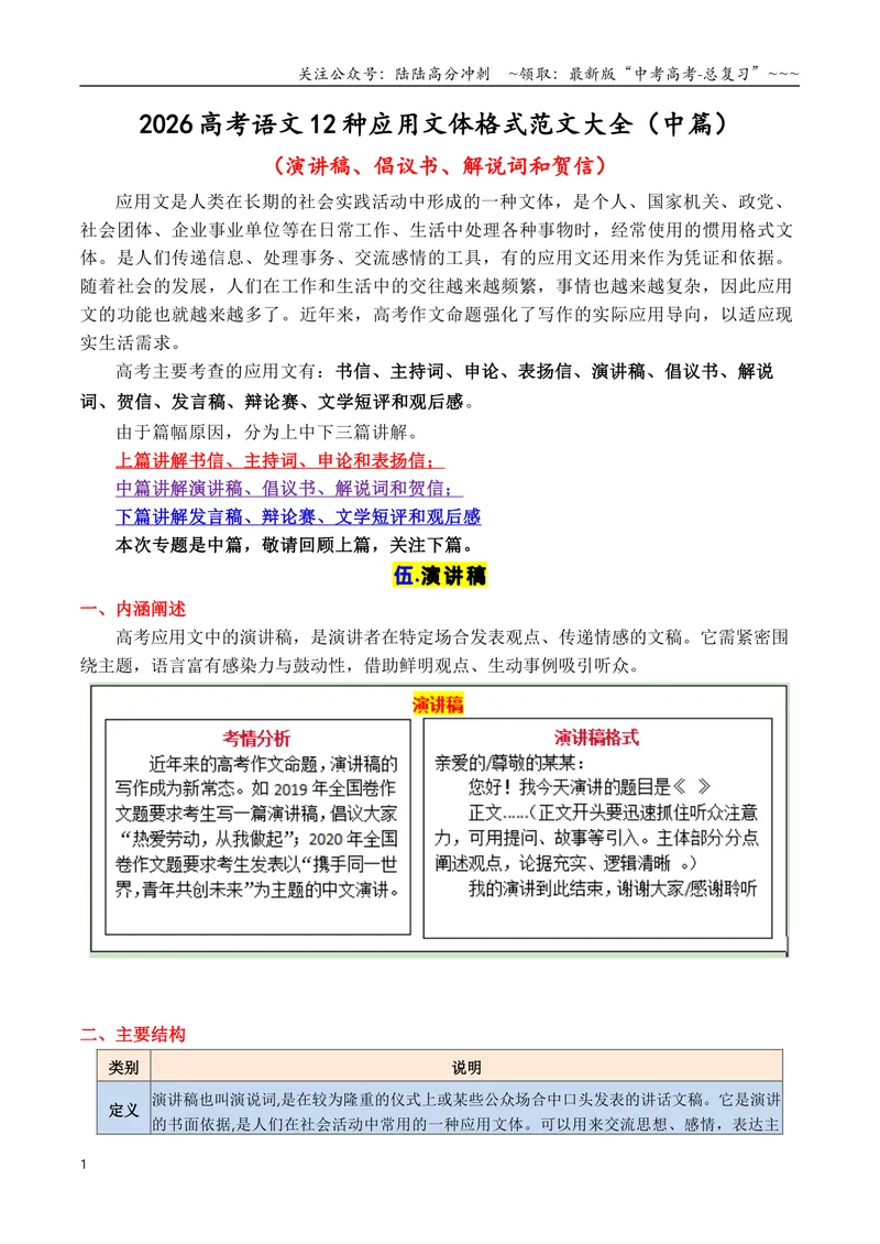 《专题112026高考作文12种应用文格式大全（中篇）（书信、表扬信、贺信、慰问信、倡议书）_专项复习_2026年-语文专项复习_2026年高考语文议论文写作秘籍-G391_资料》第1页预览