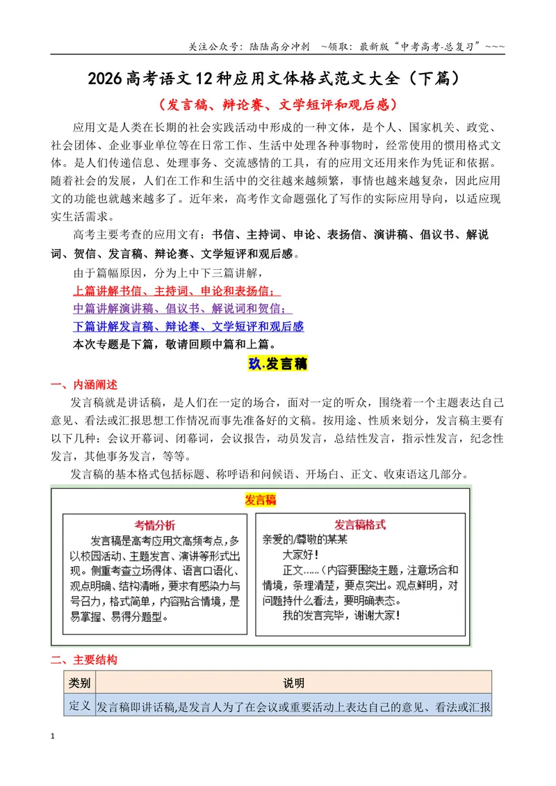 《专题112026高考作文12种应用文格式大全（下篇）（发言稿、辩论赛、文学短评和观后感）_专项复习_2026年-语文专项复习_2026年高考语文议论文写作秘籍-G391_资料》第1页预览