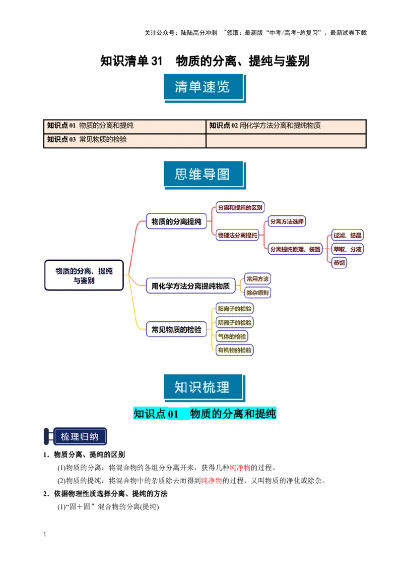 《知识清单31物质的分离、提纯与鉴别（教师版）_05-化学-高考总复习_一轮复习_2025年_2025年高考化学一轮复习知识清单（全国通用）》第1页预览