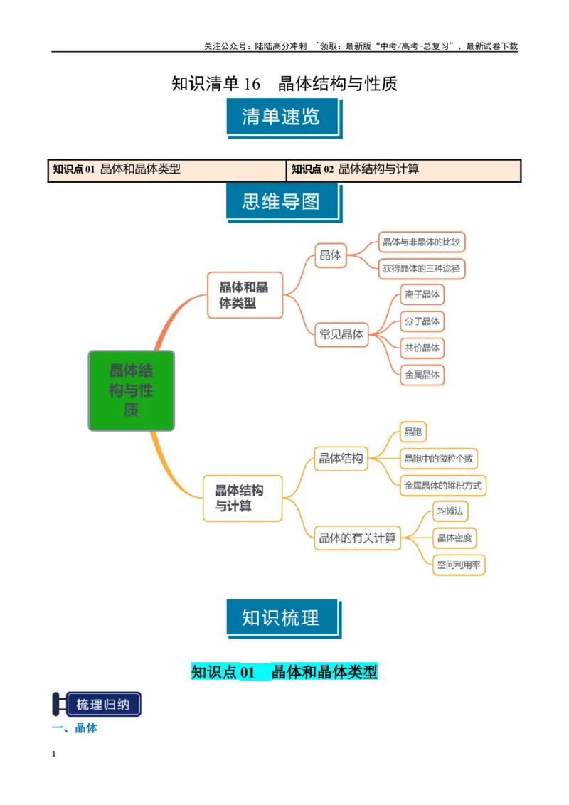 《知识清单16晶体结构与性质（教师版）_05-化学-高考总复习_一轮复习_2025年_2025年高考化学一轮复习知识清单（全国通用）》第1页预览