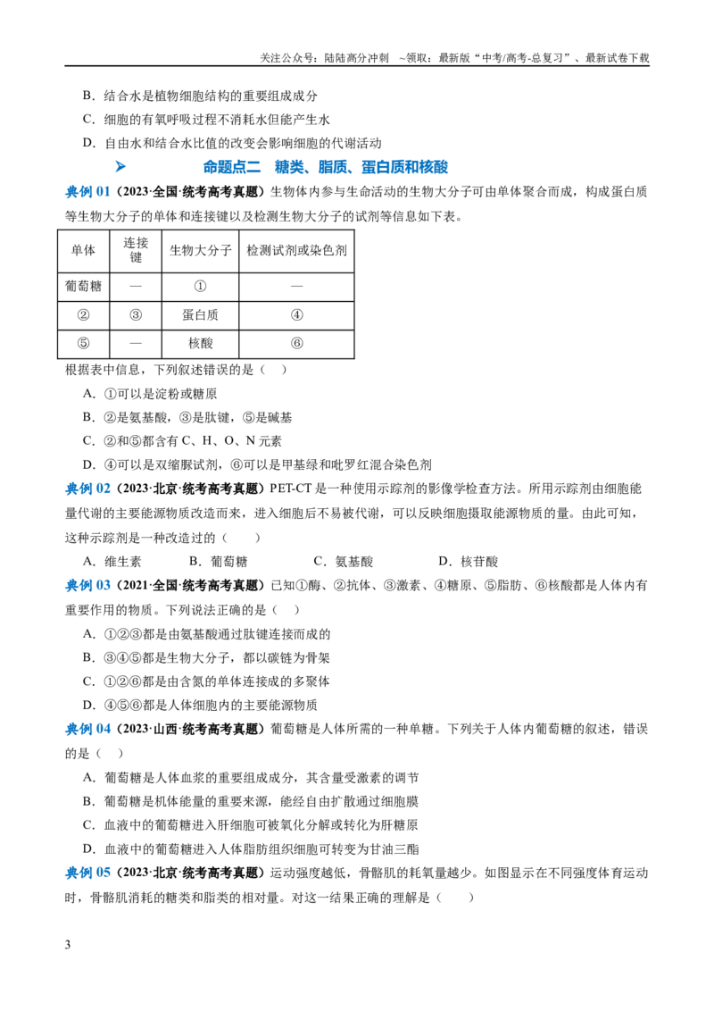 《专题01细胞的分子组成、结构和物质运输（讲义）（原卷版）_06-生物-高考总复习_二轮复习_2024年_2024年高考生物二轮复习高频考点追踪与预测（新高考专用）_讲义》第3页预览
