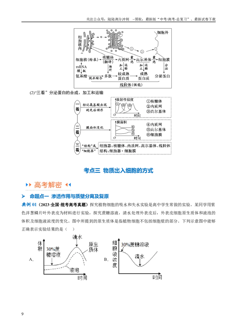 《专题01细胞的分子组成、结构和物质运输（讲义）（原卷版）_06-生物-高考总复习_二轮复习_2024年_2024年高考生物二轮复习高频考点追踪与预测（新高考专用）_讲义》第9页预览
