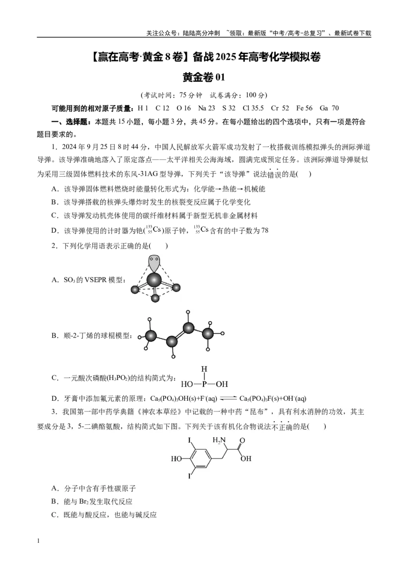 《模拟卷01（新高考通用）（考试版）_05-化学-高考总复习_一轮复习_2025年_2025年高考化学模拟卷（新高考通用）8套》第1页预览
