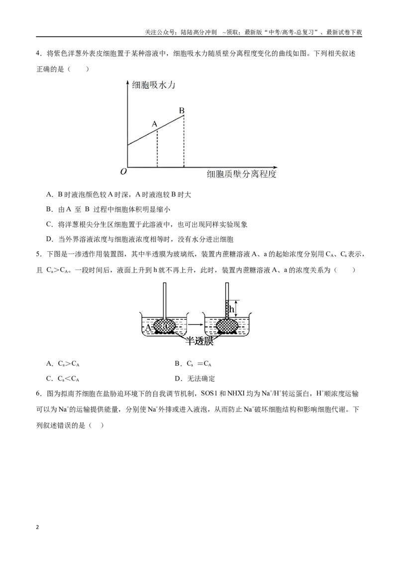 《专题02物质出入细胞的方式（选择题60道）（原卷版）_06-生物-高考总复习_二轮复习_2024年_2024年高考生物二轮复习选择题大题压轴专项训练_资料》第2页预览