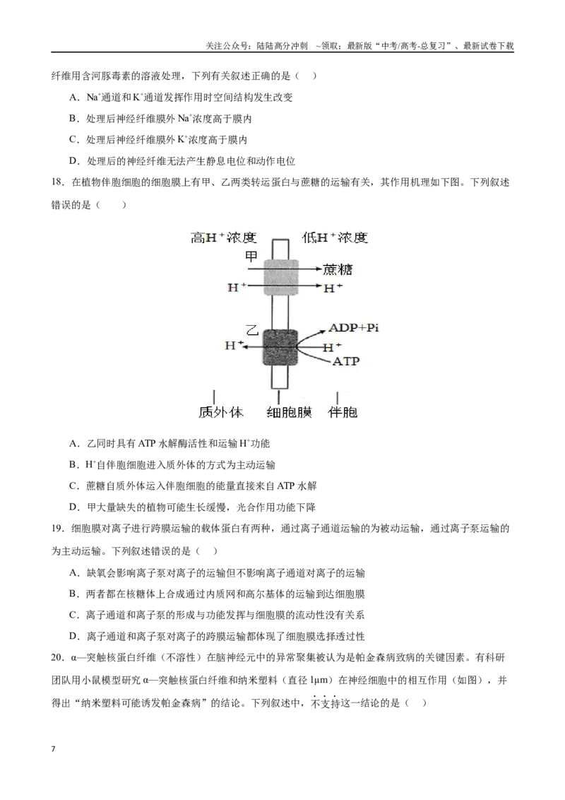 《专题02物质出入细胞的方式（选择题60道）（原卷版）_06-生物-高考总复习_二轮复习_2024年_2024年高考生物二轮复习选择题大题压轴专项训练_资料》第7页预览