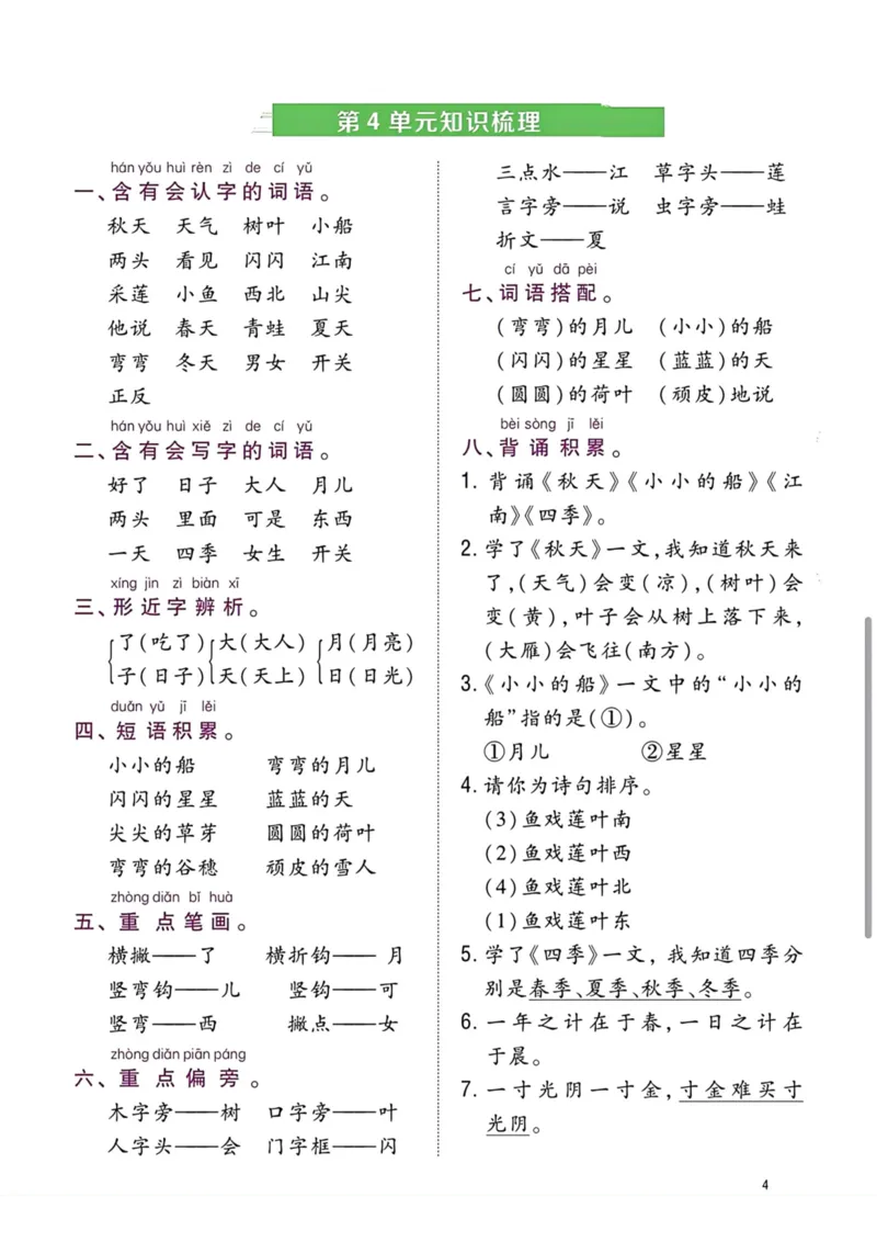 《一年级语文上册1-8单元考点总结_小学1-6年级全科全套_1-6年级全科上册_一年级_语文_语文一上单元考点归纳》第4页预览