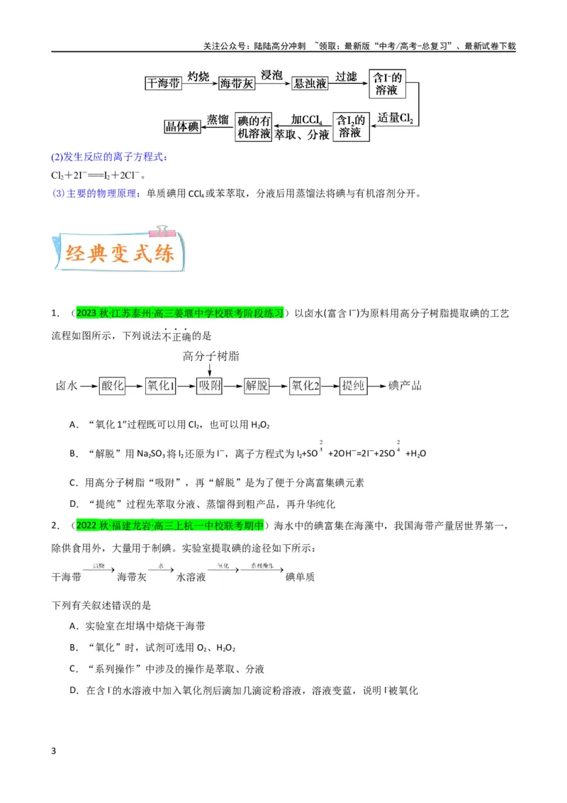 《升级版微专题19海水资源的综合利用（提取溴和碘）（原卷版）(全国版)_05-化学-高考总复习_一轮复习_2024年_2024年高考化学一轮复习考点微专题_资料》第3页预览
