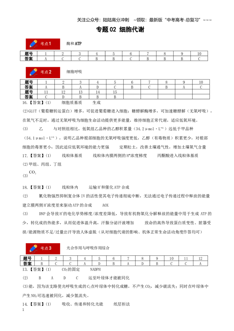 《专题02细胞代谢（答案版）_06-生物-高考总复习_专项复习_2026年-生物高考专项复习_2026年高考生物一模试题分类汇编（新高考通用）-G178_2026版》第1页预览