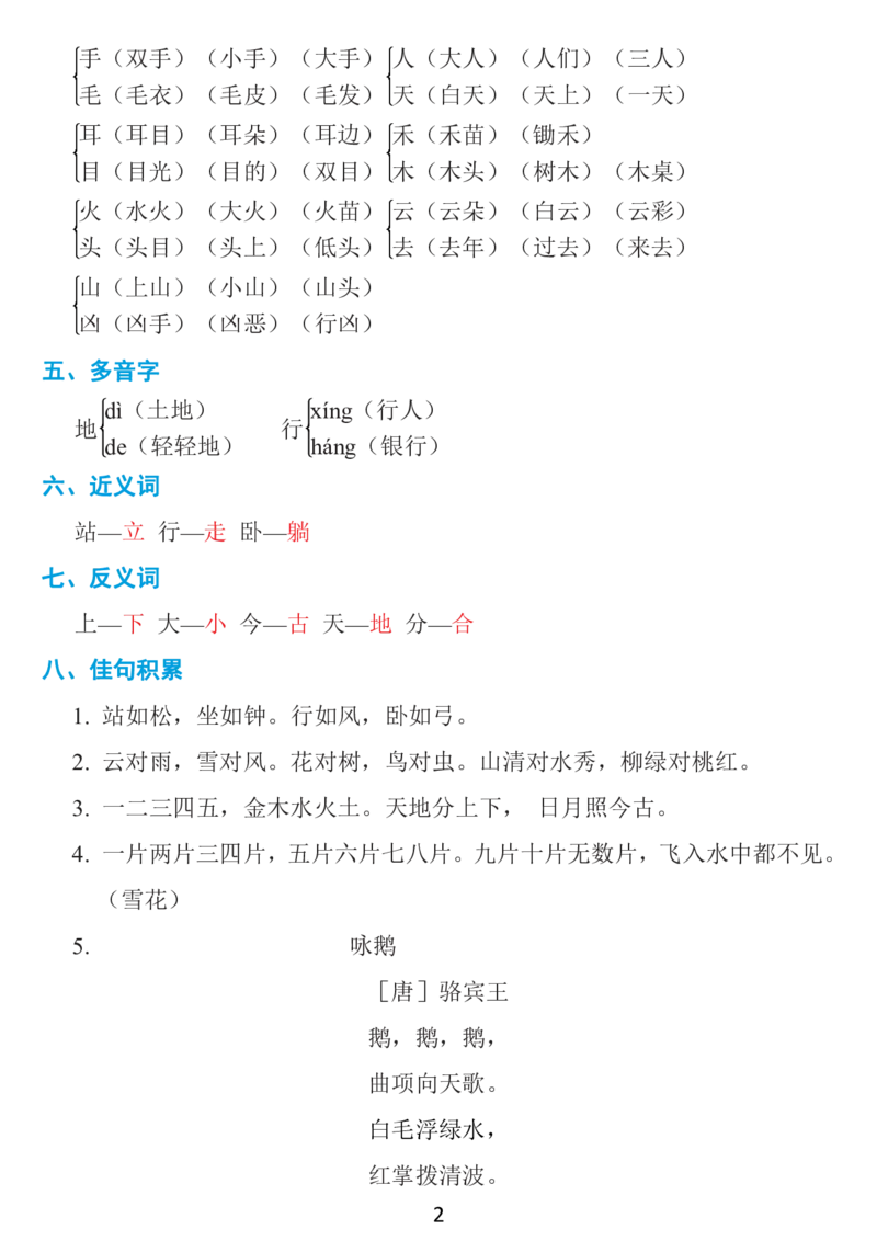 《一年级上册：1~8单元《基础知识必记》_小学1-6年级全科全套_1-6年级全科上册_一年级_语文_语文一上单元考点归纳》第2页预览