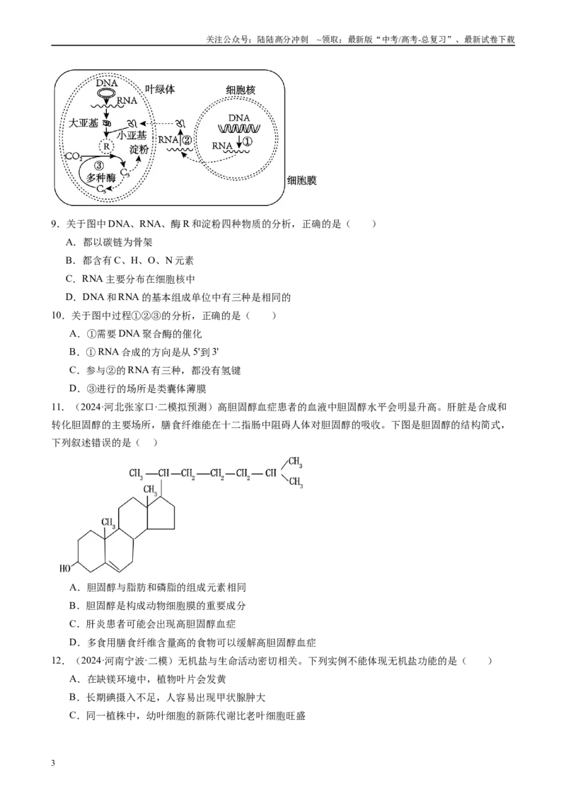 《专题01细胞的物质基础（原卷版）_06-生物-高考总复习_专项复习_2025年_2024年高考二模试题分类汇编生物新高考通用》第3页预览