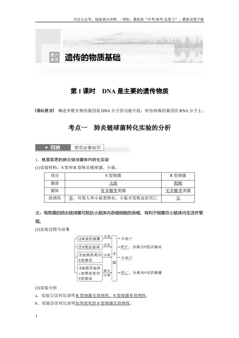 《2024年高考生物一轮复习（新人教版）第6单元　第1课时　DNA是主要的遗传物质_06-生物-高考总复习_一轮复习_2024年_2024高考生物大一轮复习课件讲义新人教版知识总结_教师版》第1页预览