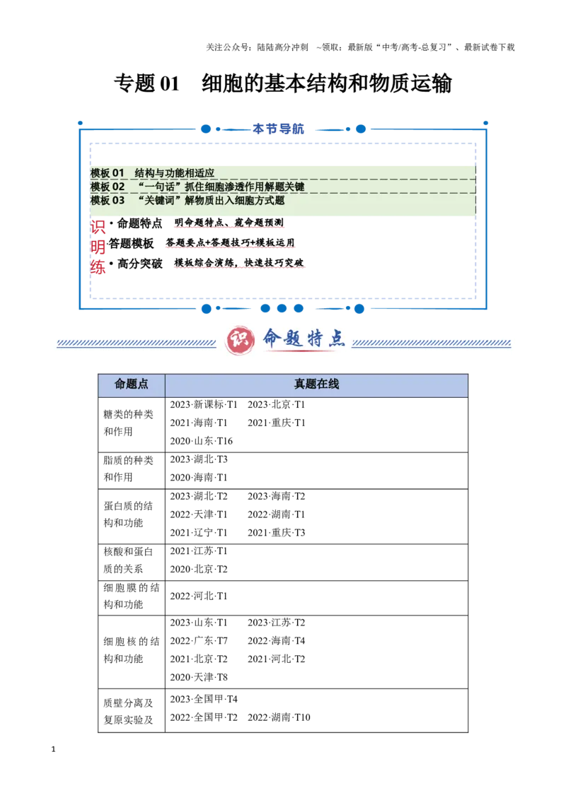 《专题01细胞的基本结构和物质运输（3大答题模板）（教师版）_06-生物-高考总复习_专项复习_2025年_2025年高考生物答题技巧与答题模板（全国通用）》第1页预览
