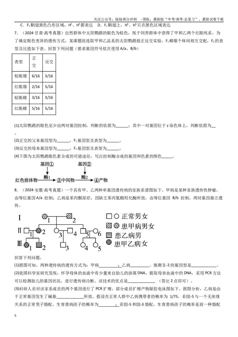《专练12遗传（20题）（学生版）_06-生物-高考总复习_专项复习_2024年_2024年新高考生物总复习高频考点必刷800题_2025版》第5页预览