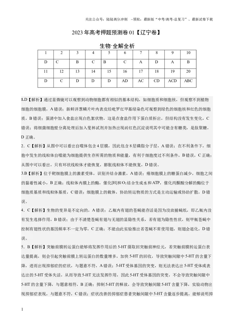 《2023年高考押题预测卷01（辽宁卷）-生物（全解全析）_06-生物-高考总复习_专项复习_2024年_2023年高考押题预测卷01生物》第1页预览