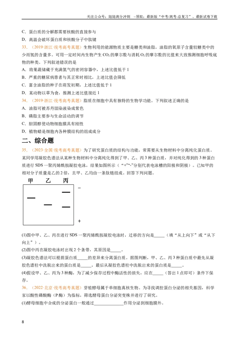 《专题01组成细胞的分子-五年（2019-2023）高考生物真题分项汇编（全国通用）（学生版）_06-生物-高考总复习_专项复习_2024年_2024年高考生物五年真题分项汇编（全国通用）》第8页预览