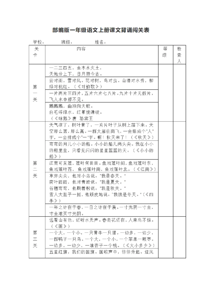 《一年级语文上册背诵课文内容及闯关表_小学1-6年级全科全套_1-6年级全科上册_一年级_语文_语文一上课前预习》第1页预览