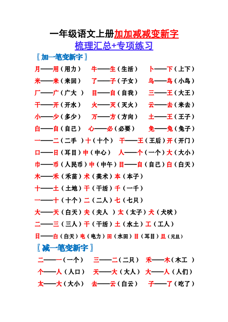 《一上语文-加加减减变新字梳理汇总+专项练习_小学1-6年级全科全套_1-6年级全科上册_一年级_语文_语文一上生字默写专项》第1页预览