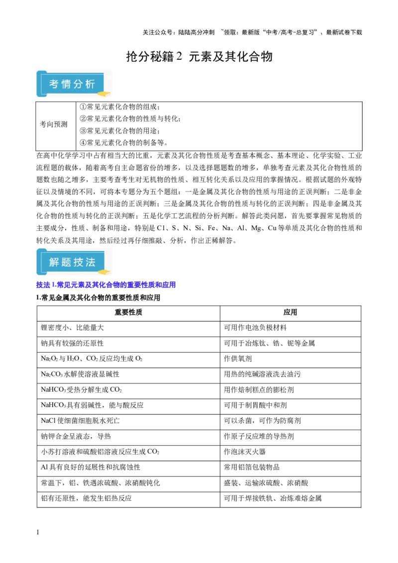 《抢分秘籍2元素及其化合物-2025年高考化学冲刺抢押秘籍（原卷版）_05-化学-高考总复习_三轮冲刺_2025年高考化学冲刺抢押秘籍（新高考通用）》第1页预览