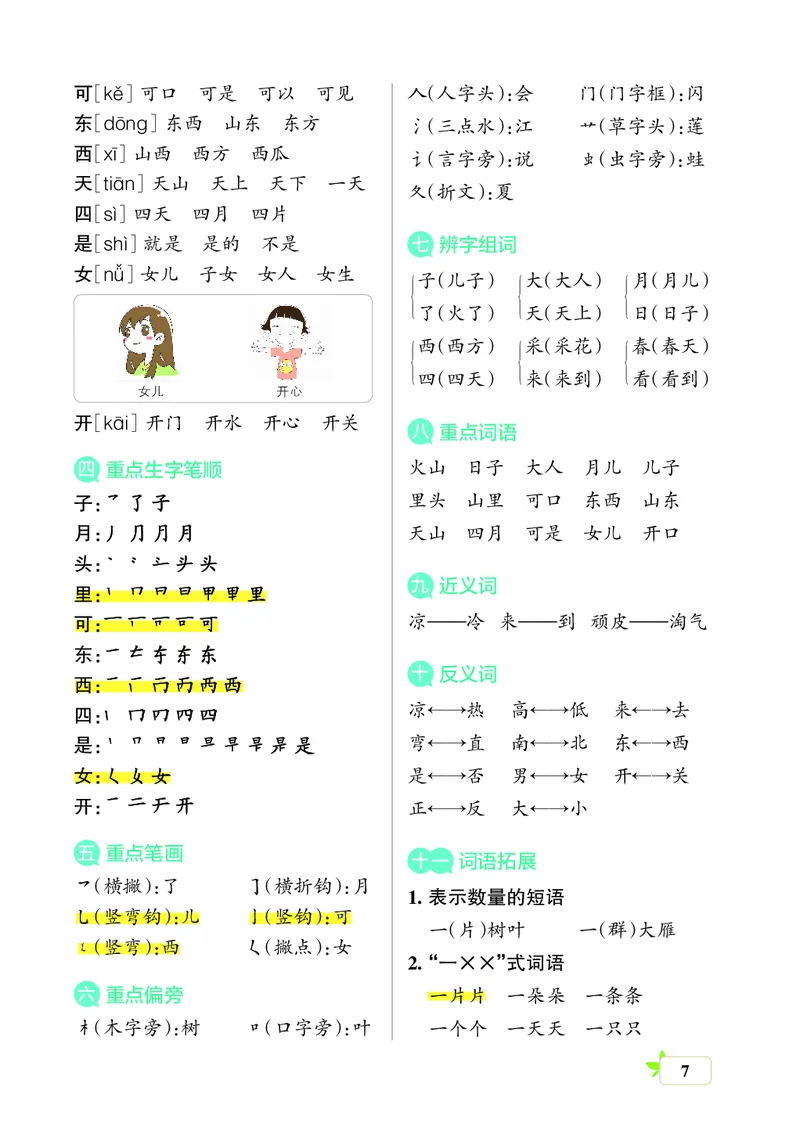 《一上（核心考点梳理）_小学1-6年级全科全套_1-6年级全科上册_一年级_语文_语文一上单元考点归纳》第7页预览