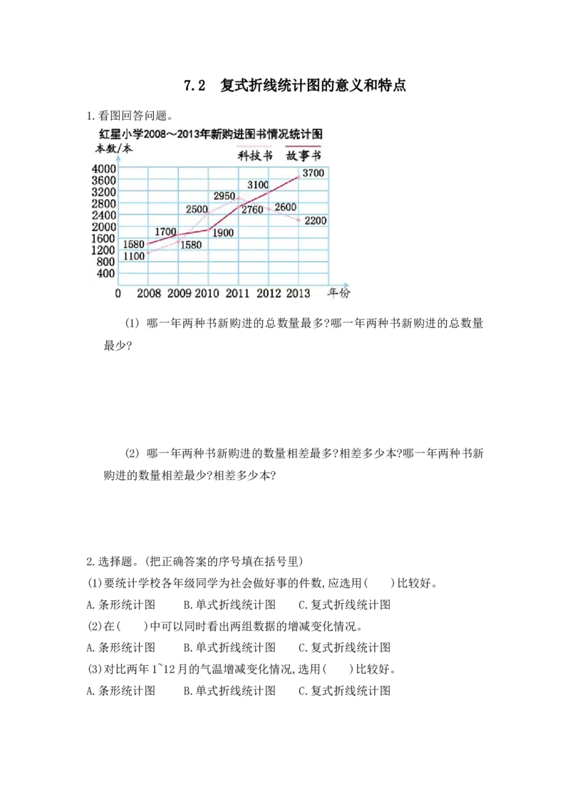 《7.2复式折线统计图的意义和特点_小学1-6年级全科全套_1-6年级全科下册_五年级_五年级下数学_数学人教版课课练_人教版数学5年级下册课课练_第七单元折线统计图》第1页预览