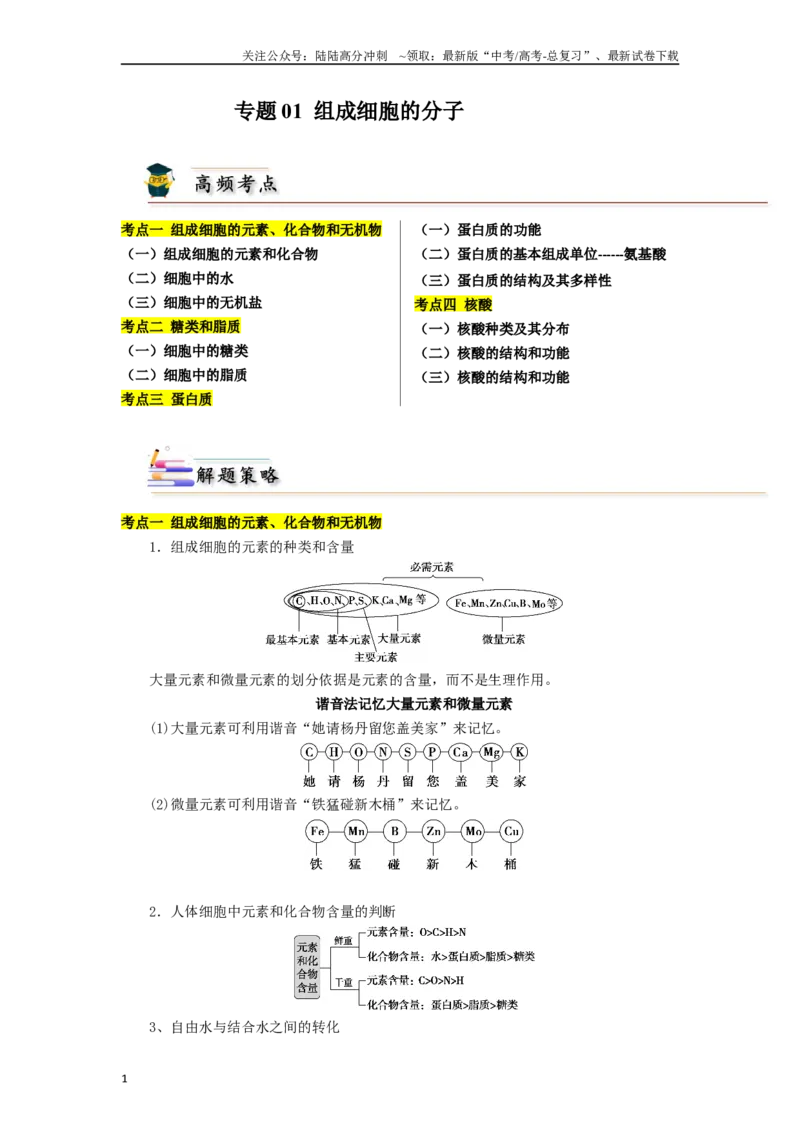 《专题01组成细胞的分子（原卷版）_06-生物-高考总复习_二轮复习_2024年_2024年高考生物二轮复习考点归纳与解题策略新高考_资料》第1页预览