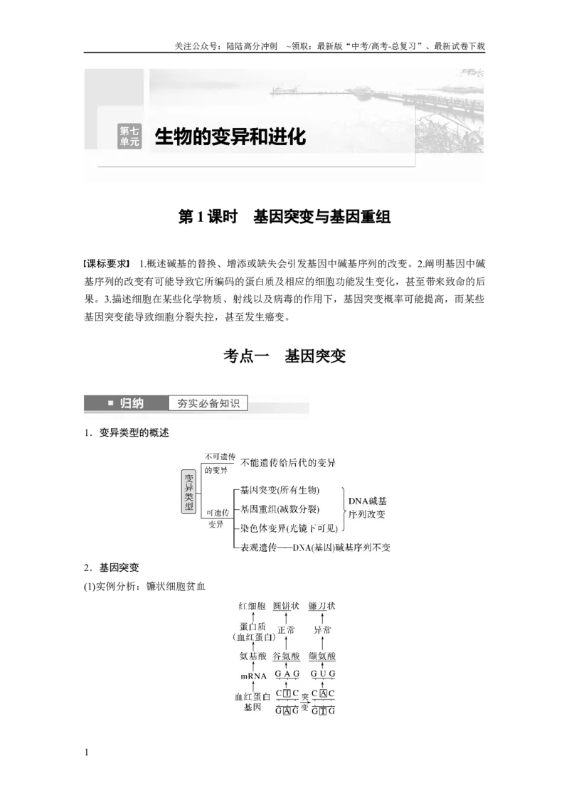 《2024年高考生物一轮复习（新人教版）第7单元　第1课时　基因突变与基因重组_06-生物-高考总复习_一轮复习_2024年_2024高考生物大一轮复习课件讲义新人教版知识总结_教师版》第1页预览