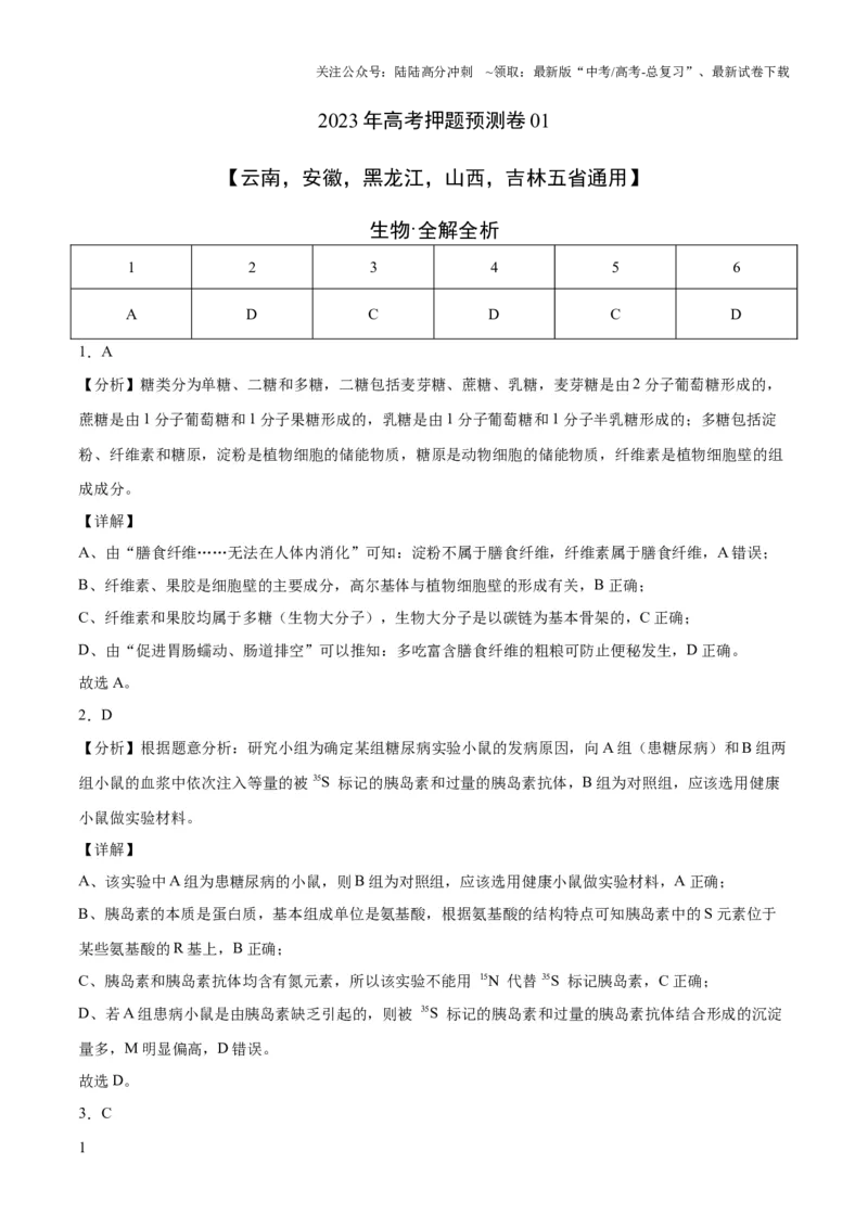 《2023年高考押题预测卷01（云南，安徽，黑龙江，山西，吉林五省通用）-生物（全解全析）_06-生物-高考总复习_专项复习_2024年_2023年高考押题预测卷01生物》第1页预览