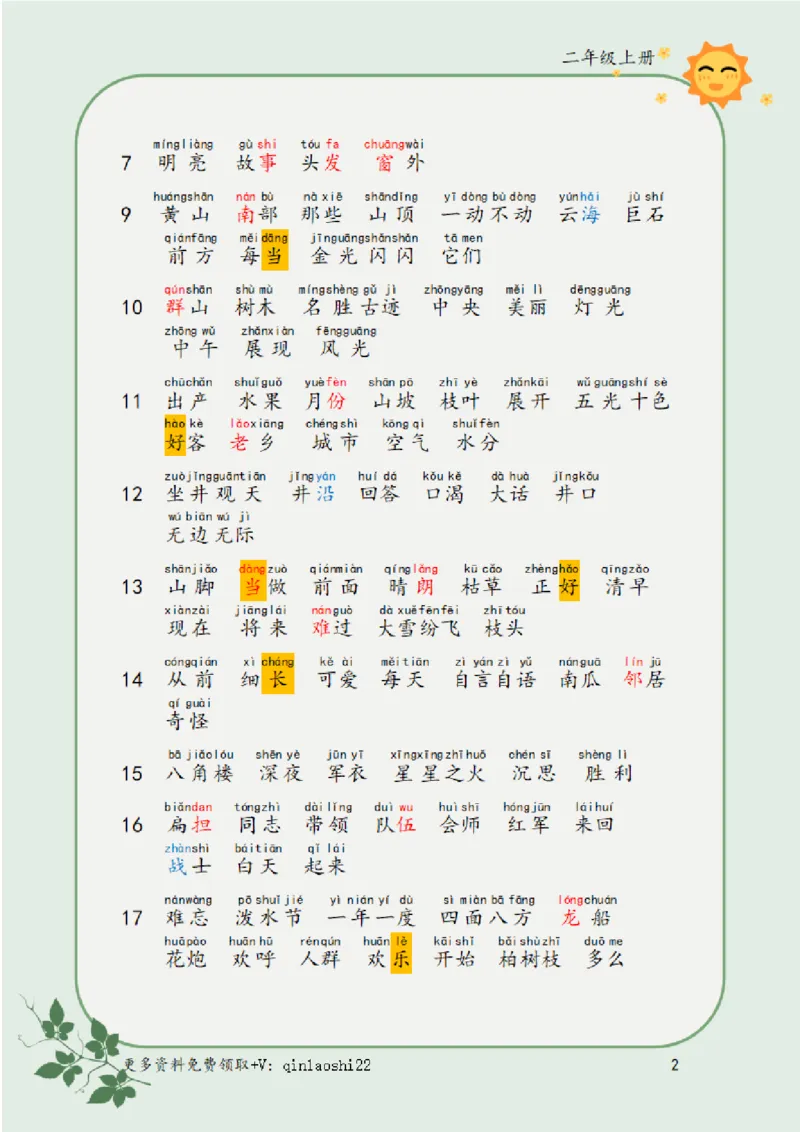 《词语表带注音二上语文(1)_小学1-6年级全科全套_1-6年级全科上册_二年级_语文_语文二上期末专项复习》第2页预览