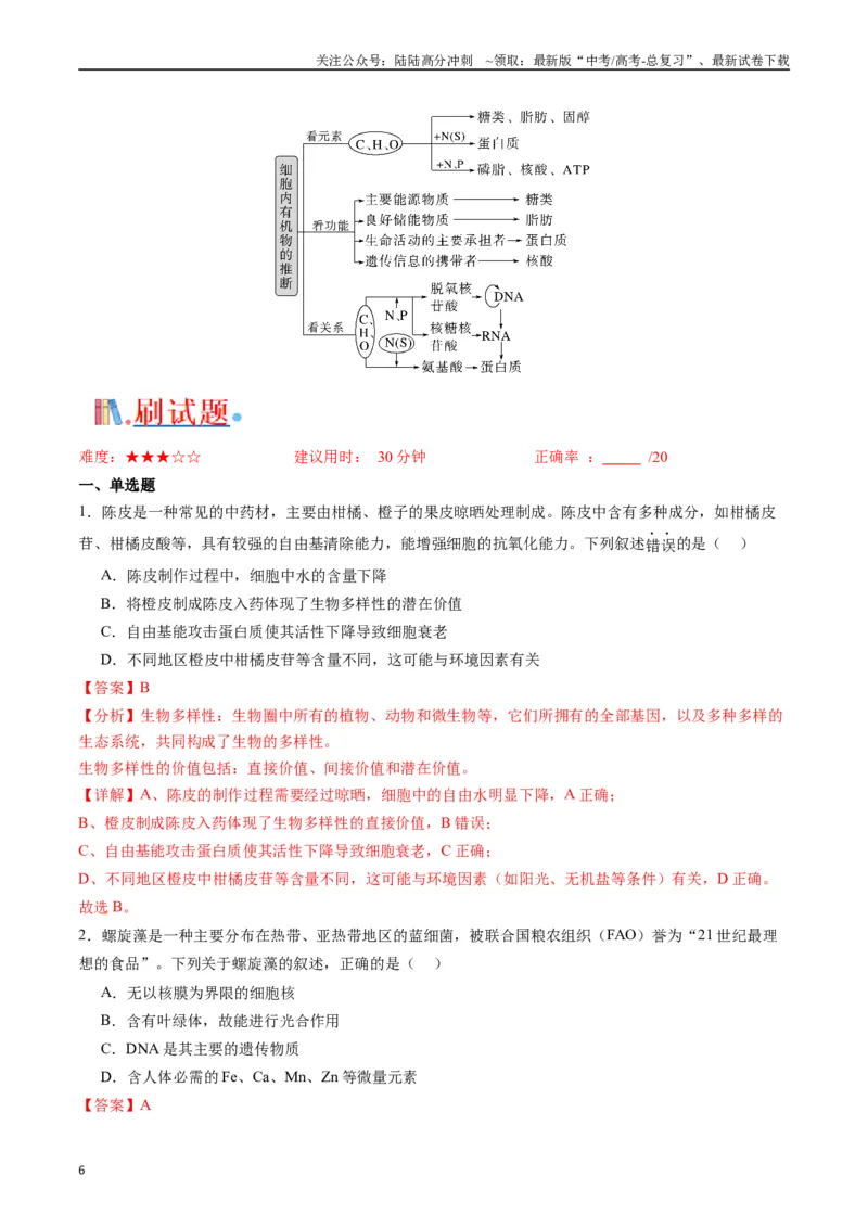 《专题01细胞的分子组成（解析版）_06-生物-高考总复习_专项复习_2024年_2024年高考生物经典小题必刷_资料》第6页预览
