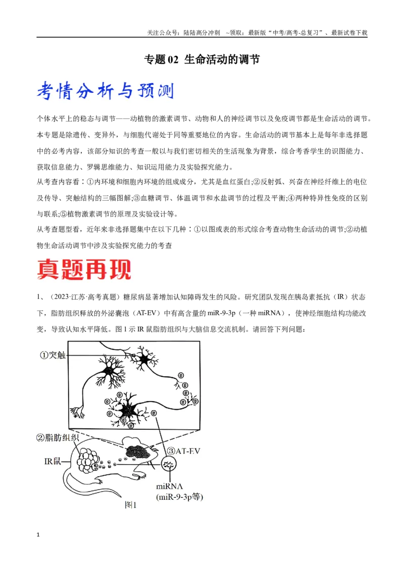 《专题02生命活动的调节（江苏卷）（原卷版）_06-生物-高考总复习_专项复习_2024年_2024年高考生物考前大题秒杀技巧及专项训练_资料》第1页预览