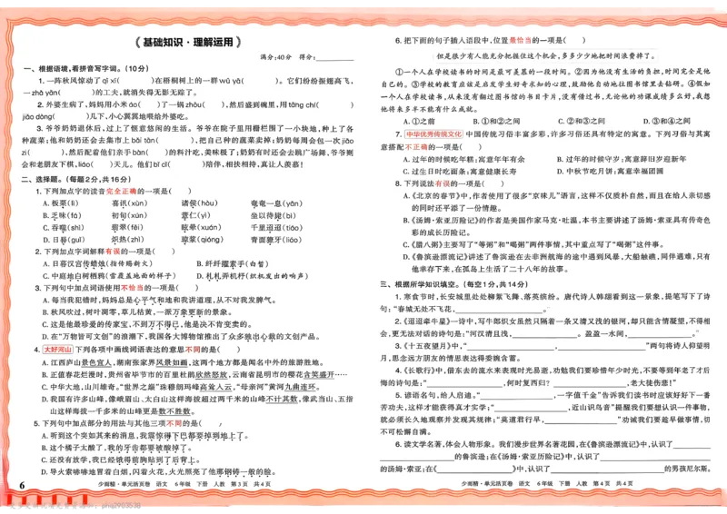 《6下王朝霞单元活页卷语文人教版26春_小初高学习资料合集(每天更新)_2026春《王朝霞单元活页卷》人教版+北师版》第6页预览